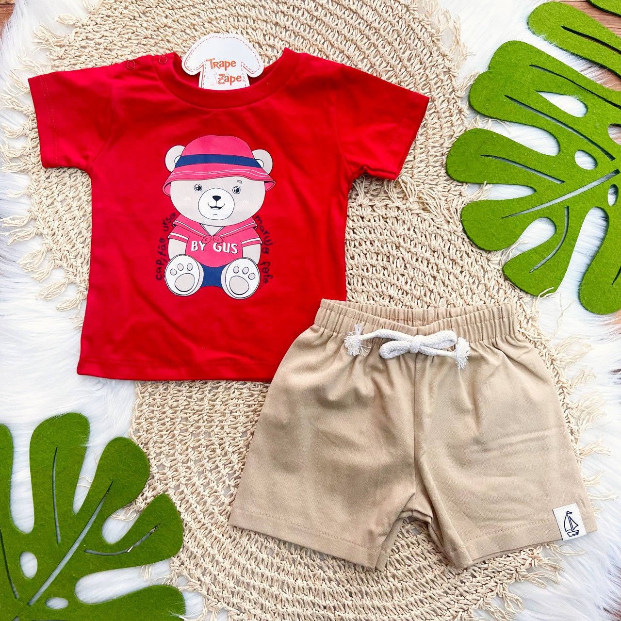 Conj. Camiseta Capitão Urso e Bermuda - Vermelho e Areia